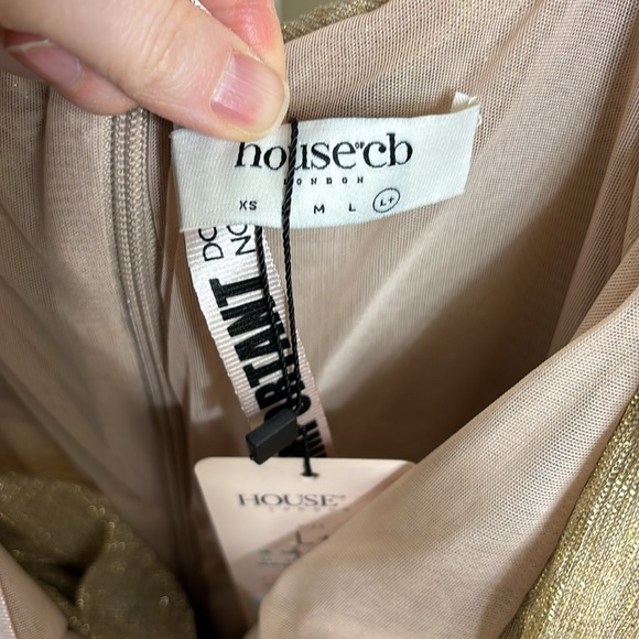 NWT House of CB Felicity Gold Ruched Mesh Off Shoulder Dress L+ - Picture 9 of 14